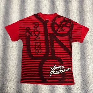 Young & Reckless Red & Black Striped T-Shirt Mens Large Classic Street Wear Tee